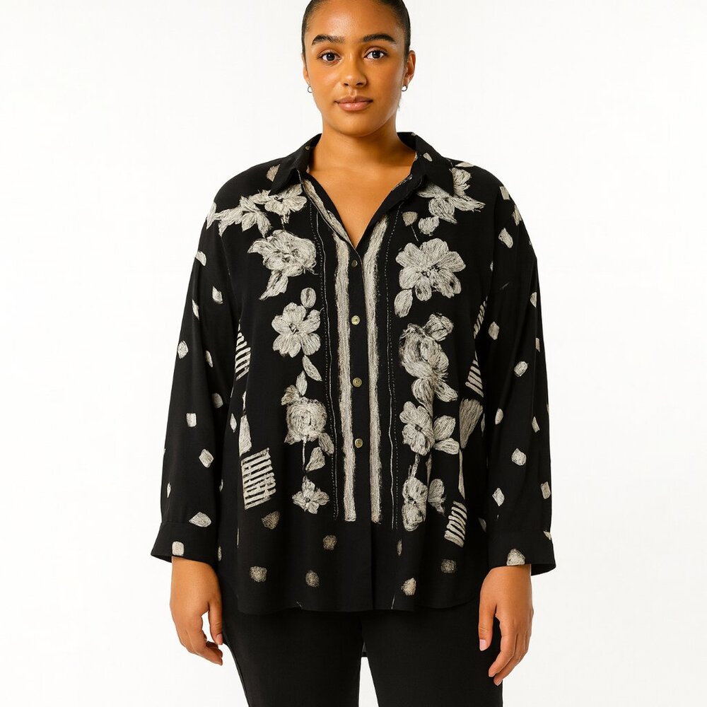 Vintage 90s Versace Floral Pattern Button Down Blouse Black White Size XL‎